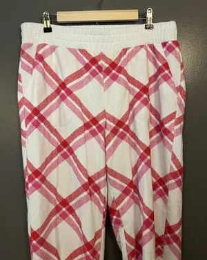 Colsie Pants Womens Large White Pink Red Plaid Jogger Sweatpants Lounge Cuffed thumbnail 1