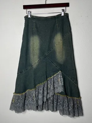 Y2K Vintage Asymmetrical Lace Hem Floral Beaded Fairy Grunge Denim Midi Skirt thumbnail 2