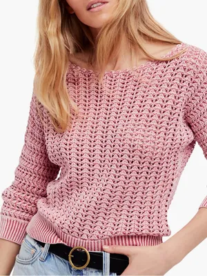 Free People Boomerang Crochet Open Knit Boatneck Sweater in Sweetpea Pink thumbnail 1