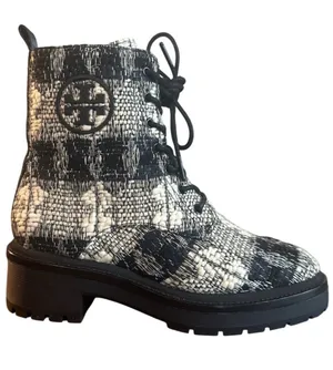 Tory Burch Miller Tweed Lug Sole Combat Boots Black White Size 7 thumbnail 1