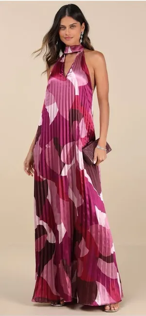LULU’S Prime Poise Pink Multi Abstract Satin Halter Maxi Dress thumbnail 1