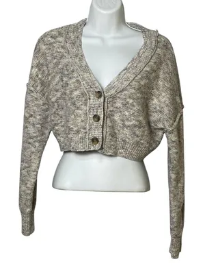 Garage Womens Small Cropped Cardigan Sweater Marled Grey V-Neck Button Front P/S thumbnail 1