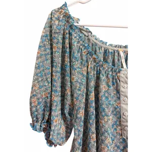 Free People Astra Peasant Top Blue Daisy Floral‎ Print Women's Size Medium thumbnail 7