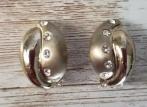 Vintage Clip On Earrings - Gold Tone with Inlayed Clear Gems 7/8" thumbnail 1