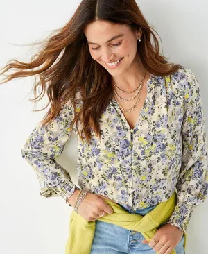 Maurices Cream Multicolor Ditsy Floral Print Ruffle Smock Blouse thumbnail 1