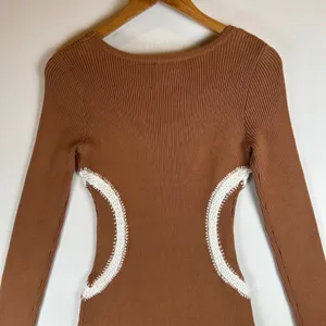 Mon Renn Brown Ribbed‎ Knit Mini Dress Long Sleeve Crochet Trim Detail Small thumbnail 8