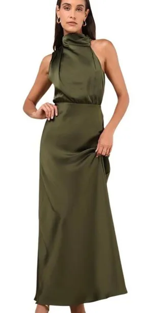 Lulus Distinctive Charm Olive Satin A-Line Maxi 10 thumbnail 1