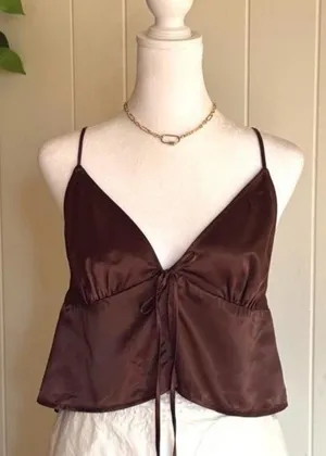Divided Silky Brown Tie-Front Crop Top Women's Size Large thumbnail 1