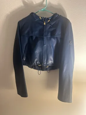 BCBGMAXAZRIA Blue Cropped Hooded Leather Jacket XS thumbnail 3