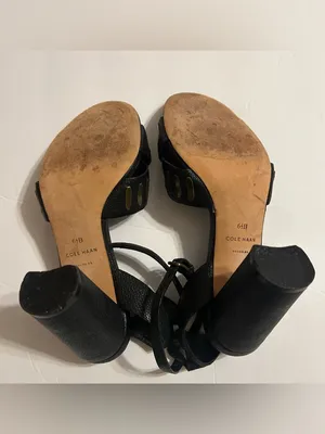 Cole Haan Black Leather Heeled Sandals with Gold Cutouts thumbnail 6