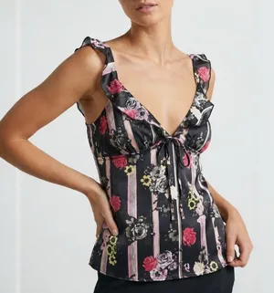 Victoria's Secret Floral Stripe Ruffle Cami Tie Front Satin Camisole Lingerie L thumbnail 1