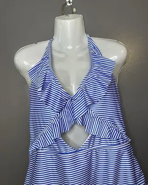 Aerie Swimsuit Womens XL Blue Stripe Ruffle Halter One Piece Front Cutout thumbnail 1