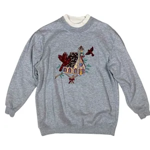Vintage Gray‎ Christmas Sweatshirt Large Cardinal Bird House Embroidered Crew thumbnail 1