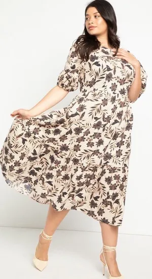 Eloquii Floral Puff Sleeve Midi Dress‎ in Cream Size 16 thumbnail 1