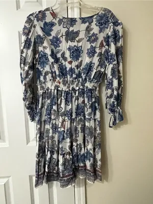 Angie White Boho Floral Long Sleeve Midi Dress with Blue & Rust Accents thumbnail 3