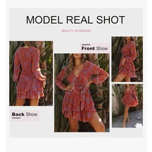 NEW V Neck Ruffle Chiffon Tie Knot Mini L Swing Skater Dress XL thumbnail 6