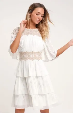 Lulus Westwind White Lace Pleated Tiered Chiffon Dress Crocheted Floral Top Sz L thumbnail 1