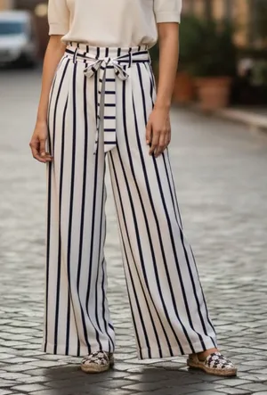 Blue Stripe‎ Belted Wide Leg Boho Pull On Straight Leg Trousers Pant S Small thumbnail 1