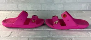 Crocs Classic Sandals Womens 7 Men 5 Pink Charms Two Double Strap Bright Comfort thumbnail 9