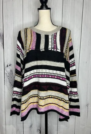Easel Mix Print Striped Wool Blend Slouchy Sweater Crew Neck Boho Sz M thumbnail 1
