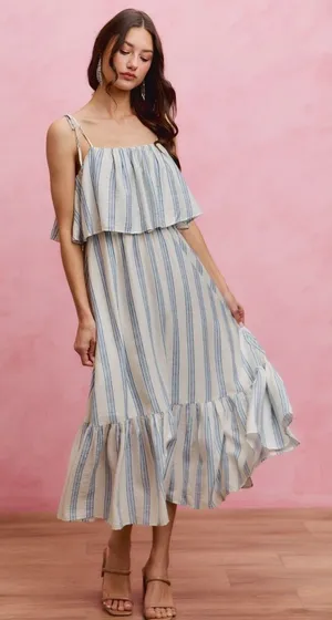 SO ME Stripe Tiered Shoulder Tie Midi Lined Dress - Medium thumbnail 1