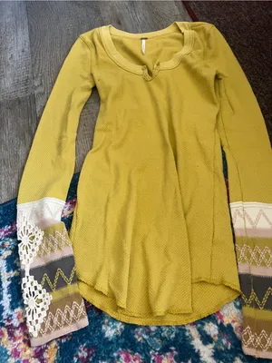 Free people Mustard Yellow Women's Knit Sweater with Patterned Crochet Cuffs thumbnail 4