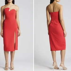 New Women's Amanda Uprichard Puzzle Strapless Midi Dress Lipstick Red Sz M thumbnail 2