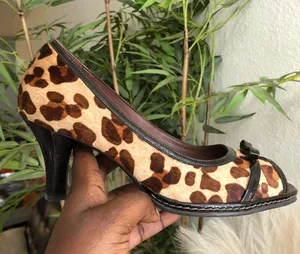 2000s Y2K brown black Leopard animal genuine leather print open peep toe heels pumps with bow detail-Size 8M Great preloved condition thumbnail 2