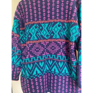 Vintage 80s Colorful Cardigan Sweater Chunky Aztec Patterned Women's Medium thumbnail 6