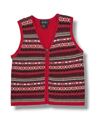 Vintage Requirements Fair Isle V Neck Zip‎ Up Sweater Vest Red Multi Medium thumbnail 11