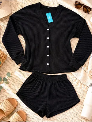 Cupshe Black Lounge Set‎ Ribbed Button Front Top Shorts Set NWT Small thumbnail 2