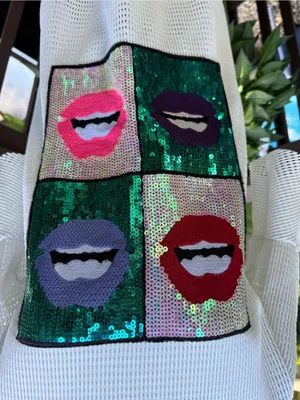 OLE by KOTON Sequins Lips Pop Art Mesh Netting Knit Sheer Top Shirt M Medium thumbnail 2