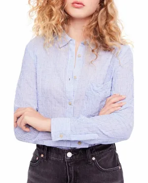 Free People No Limits Blue Stripe Cotton Button Up Shirt Blouse Small thumbnail 1