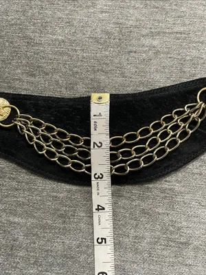 Vintage Circa Genuine Suede Leather Gold Chain Accent Black Elastic Waist Belt thumbnail 7