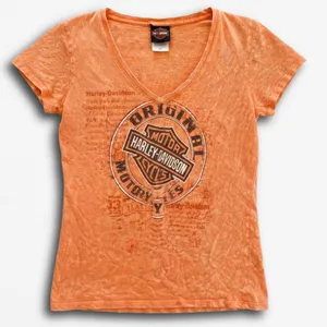 Harley-Davidson Womens‎ V-Neck Graphic Tee Orange Acid Wash Viking Land Small thumbnail 1