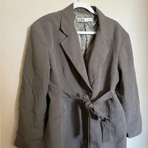 Zara Belted‎ Plaid Blazer Coat Sz Large Brown Grey thumbnail 2