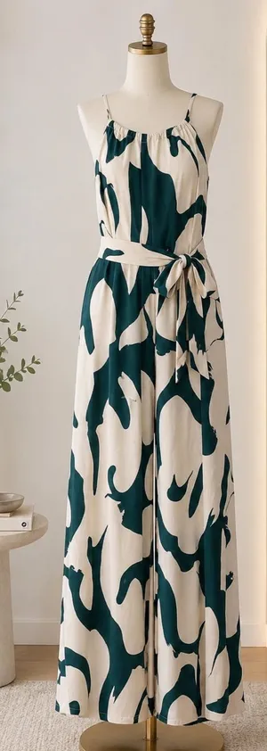 SheIn Cream & Teal Abstract Print Sleeveless Tie-Waist Maxi Palazo thumbnail 1