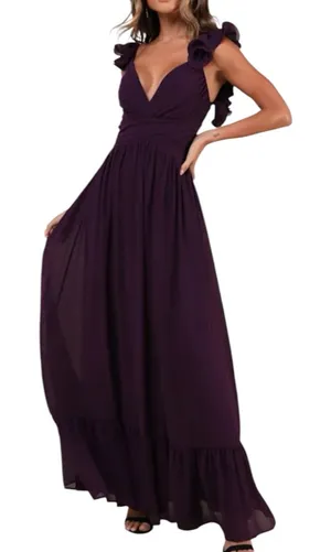 NWT Lulus Soiree Celebration Purple Ruffled Lace-Up Maxi Dress Size XS thumbnail 1