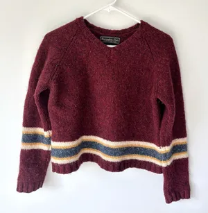Vintage Abercrombie & Fitch Wool Cropped Sweater Burgundy Red Yellow Stripes thumbnail 1