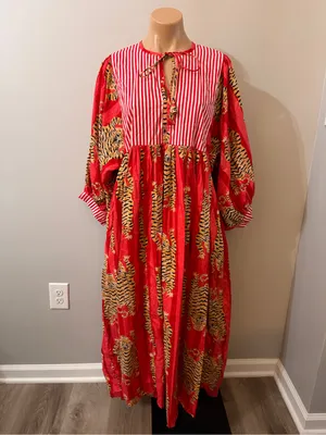 Bohemian Tiger Tigress Stripe Midi Dress 100% cotton made in India Red thumbnail 2