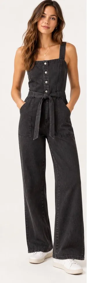OAT New York NWT Black Denim Belted Wide Leg Jumpsuit thumbnail 1