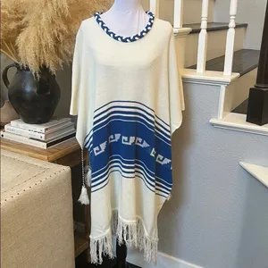 060- Wildfox Frida Traveler Fringe Oversized Blue White Sweater Poncho Size Smal thumbnail 3