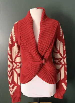 American Eagle Y2K Cardigan Womens Size M Red Snowflake Fair Isle Chunky Knit thumbnail 1