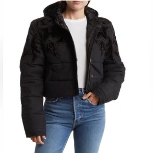 Free People RARE Fleur de Lis Black Denim Hoodie Puffer Jacket Medium NEW thumbnail 3
