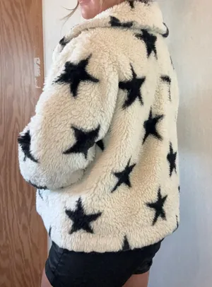 POPSUGAR Black White Star Faux Fur Teddy Jacket XL thumbnail 3
