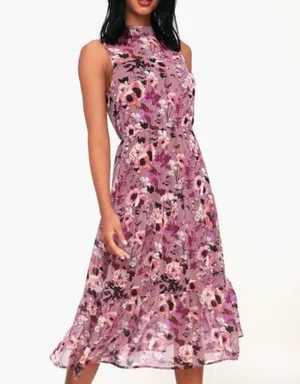 Lulus Mauve Floral Mock Neck Midi Dress thumbnail 1