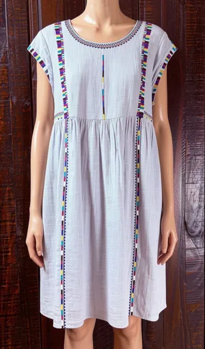 THML Light Blue Embroidered Cotton Sundress with Multicolor Trim thumbnail 1