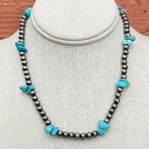 Navajo Style Pearl Necklace with Turquoise Chips thumbnail 1