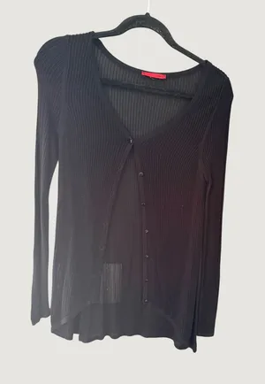 RED Y2k Black Sheer Ribbed Knit V-Neck Button Front Cardigan Whimsigoth S thumbnail 1