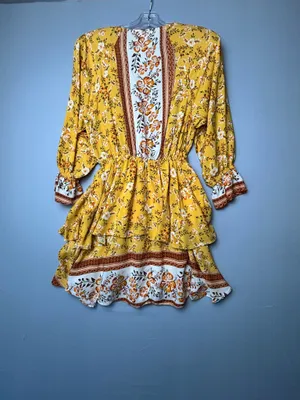 Umgee Mustard Yellow Floral Boho Faux Wrap Ruffle Dress Medium thumbnail 6